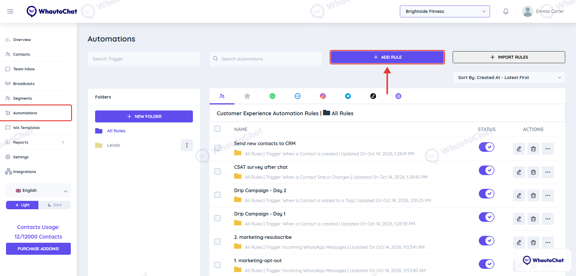 Automations page with the Add Rule button