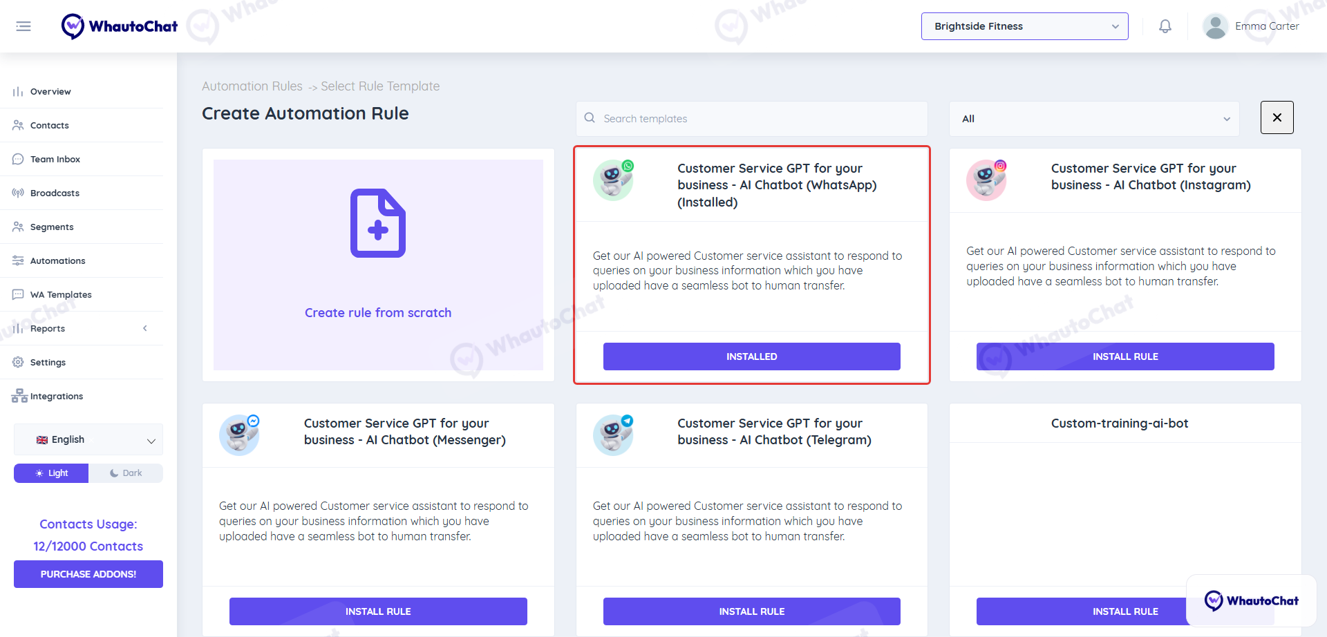 Customer Service GPT chatbot template for WhatsApp on the Create Automation Rule page