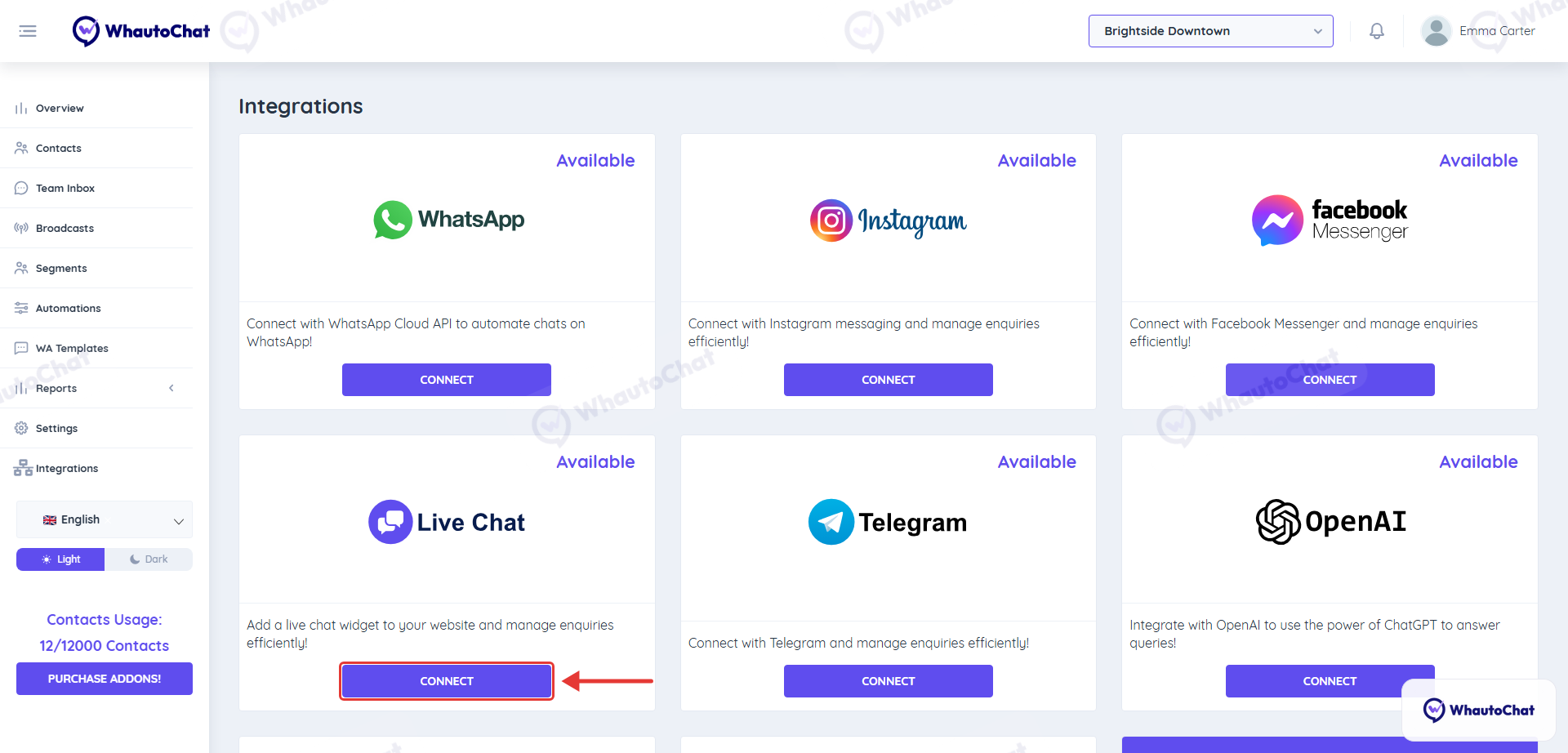 Integrations page with Connect on the Live Chat card