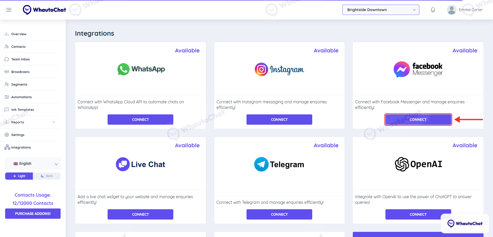 Integrations page with Connect on the Facebook Messenger card