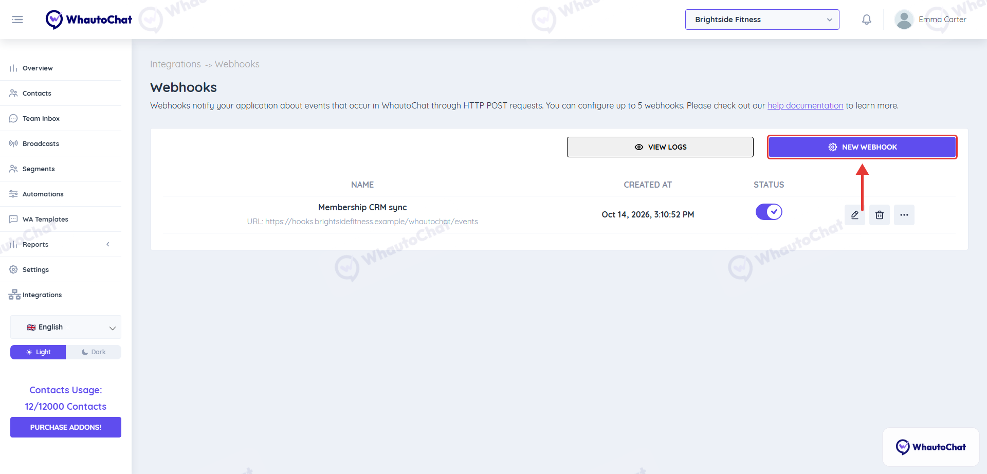 Webhooks page with the New Webhook button