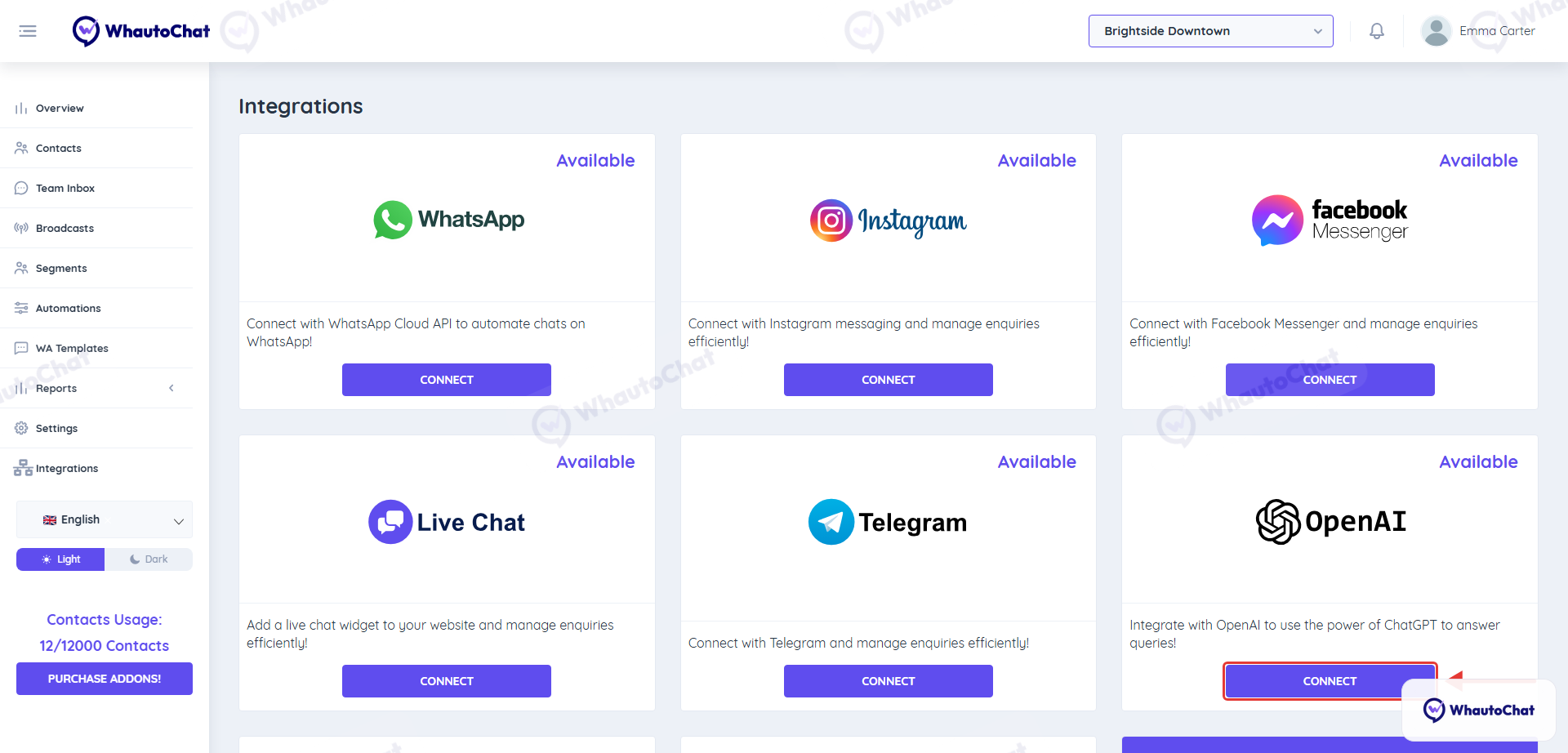 Integrations page with Connect on the OpenAI card
