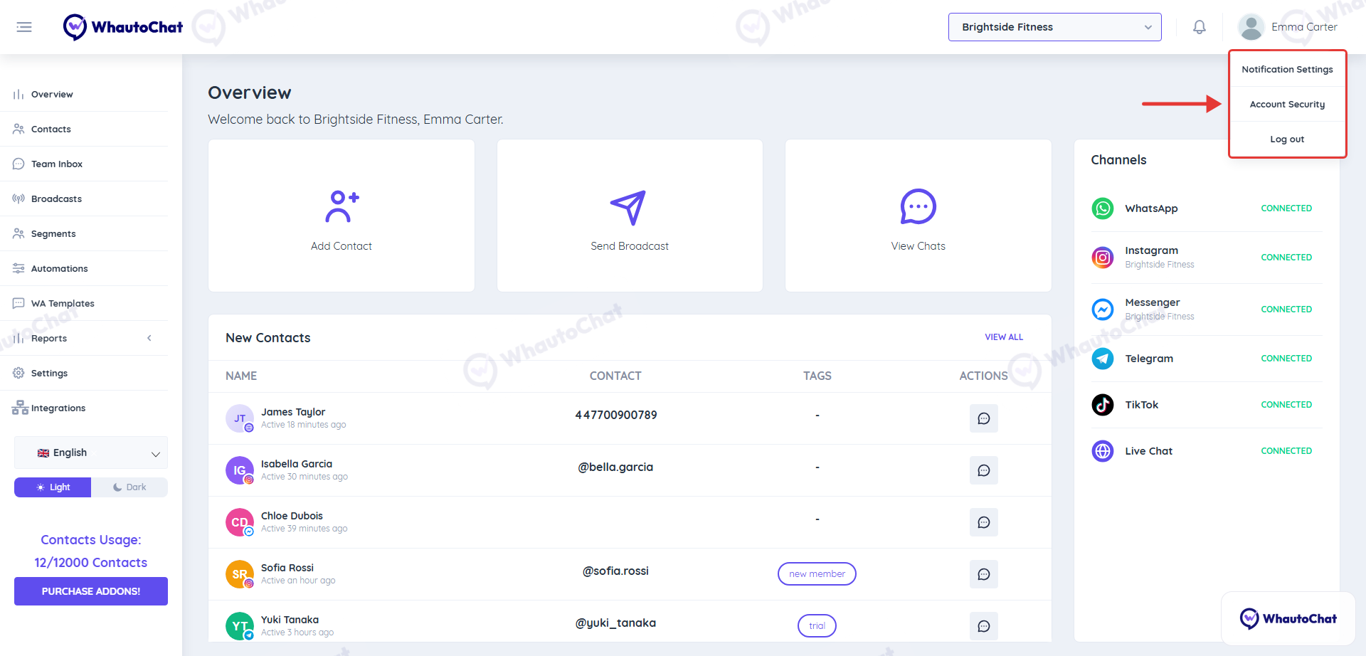 Profile menu with Notification Settings, Account Security and Log out