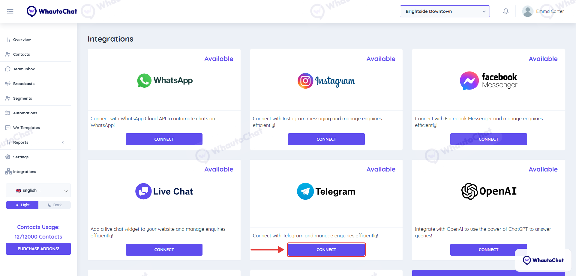 Integrations page with Connect on the Telegram card