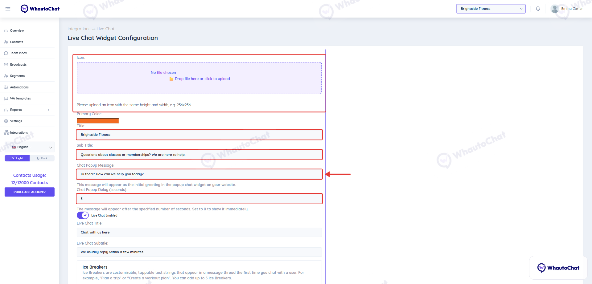 Live Chat Widget Configuration with the icon, title, sub title, popup message and delay