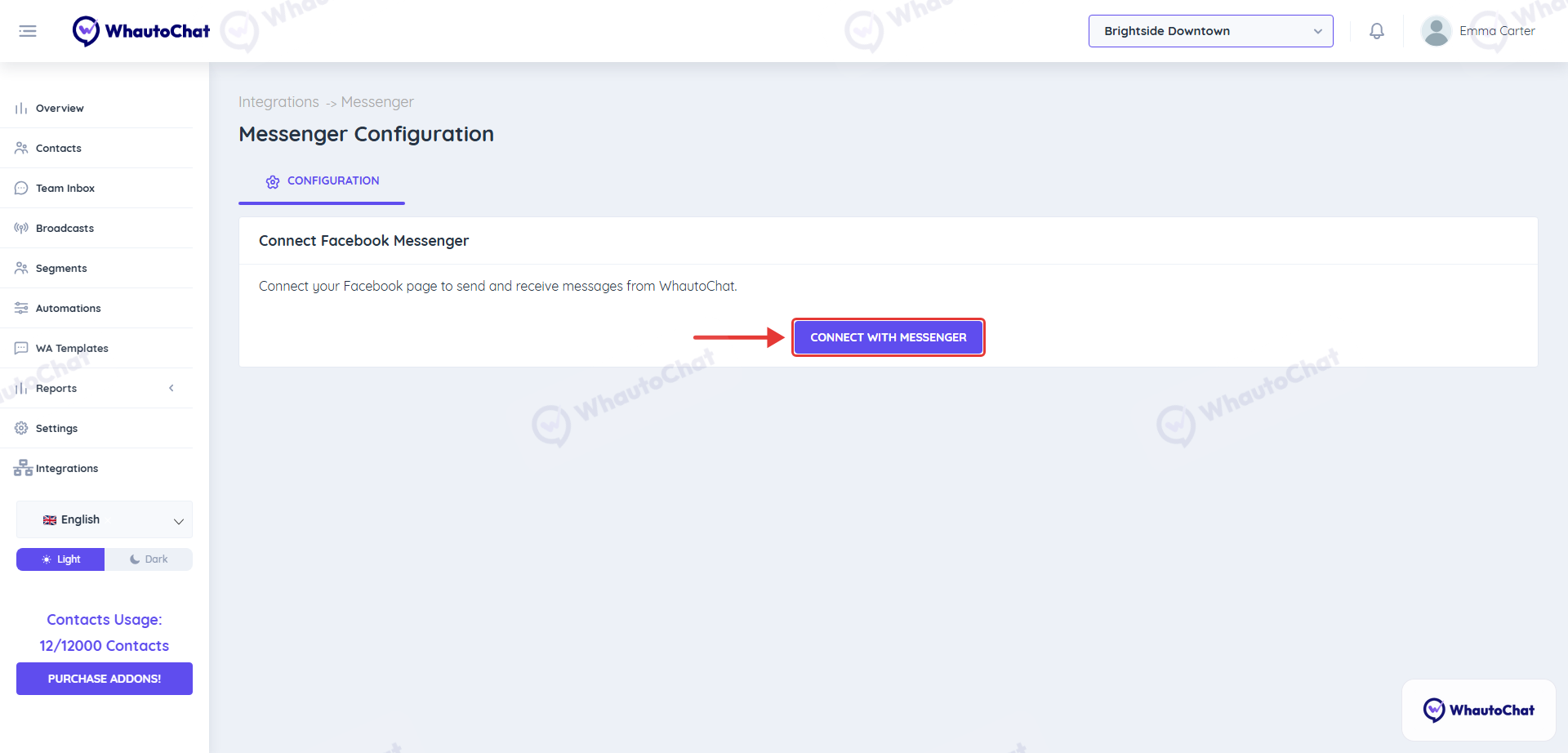 Messenger Configuration page with the Connect with Messenger button