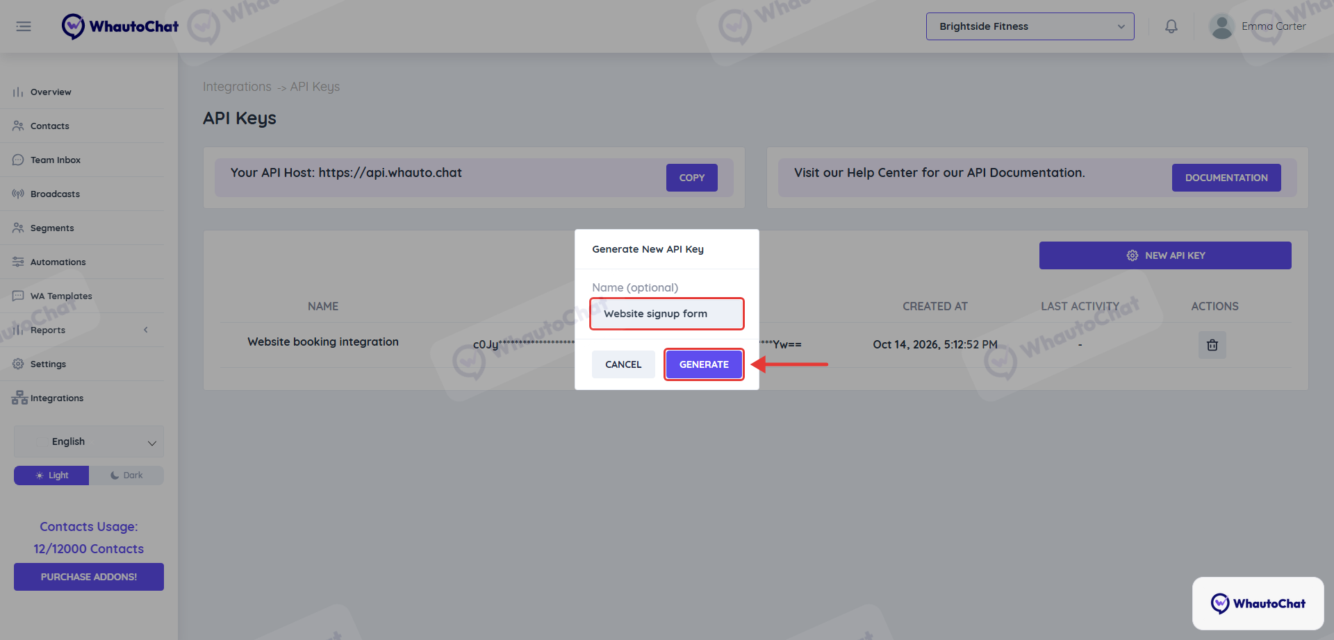 Generate New API Key dialog with a name entered