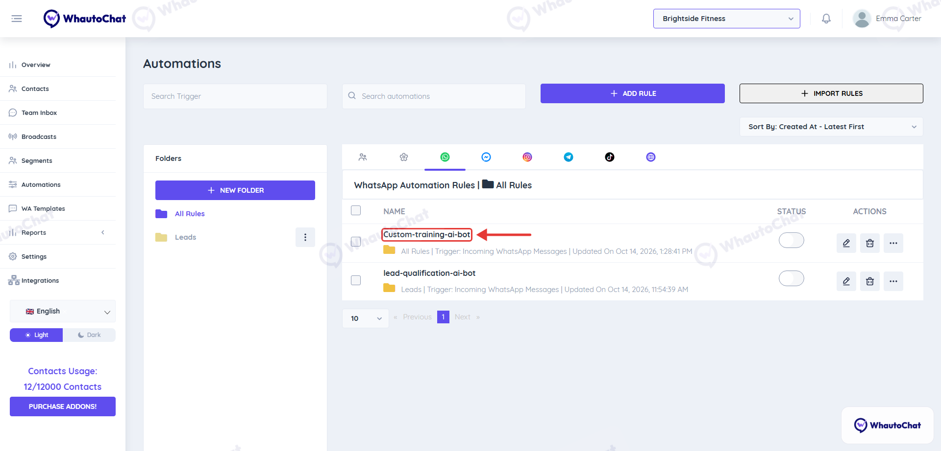 Custom-training-ai-bot rule on the WhatsApp tab of the Automations page
