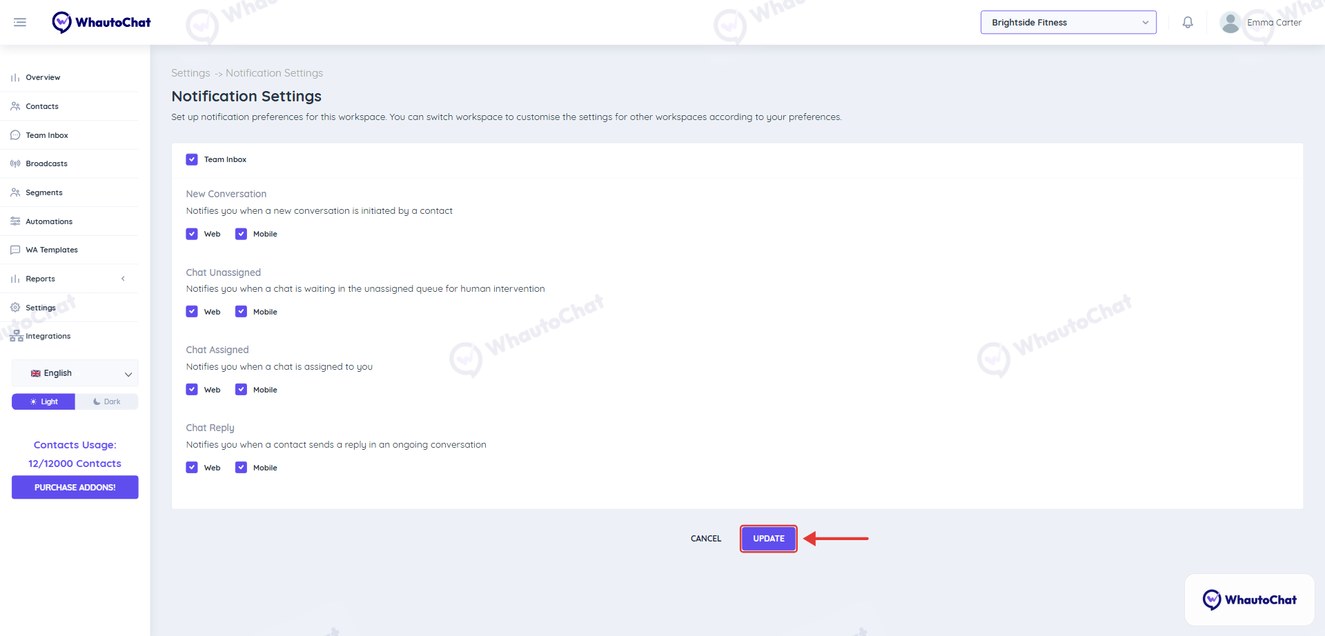Notification Settings with Web and Mobile options and the Update button