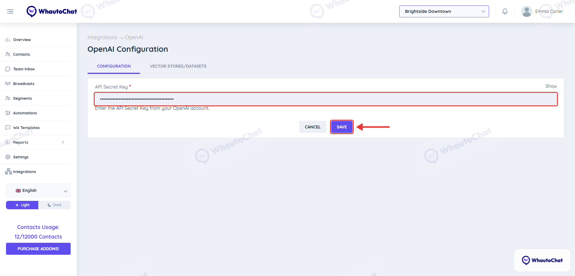 OpenAI Configuration with the API Secret Key field and the Save button