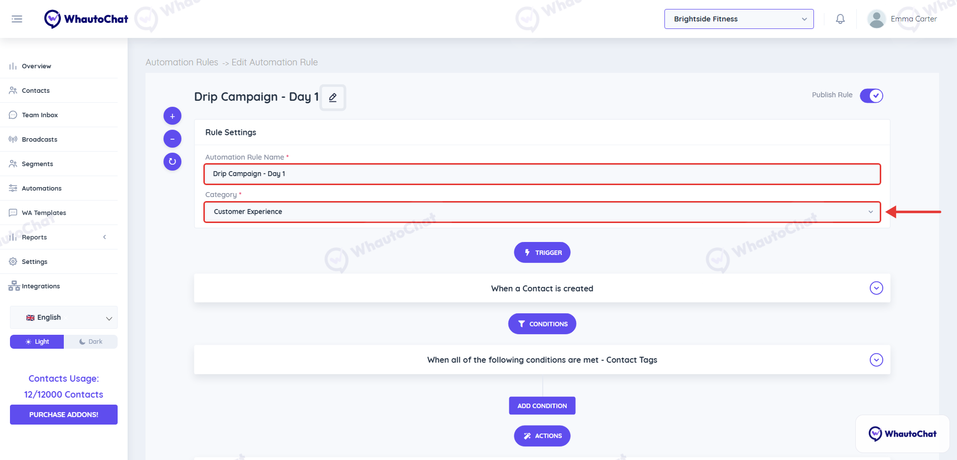 Rule Settings with the rule name and the Customer Experience category