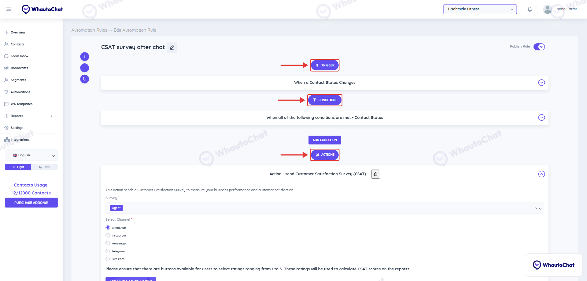 Automation rule editor with the Trigger, Conditions and Actions sections
