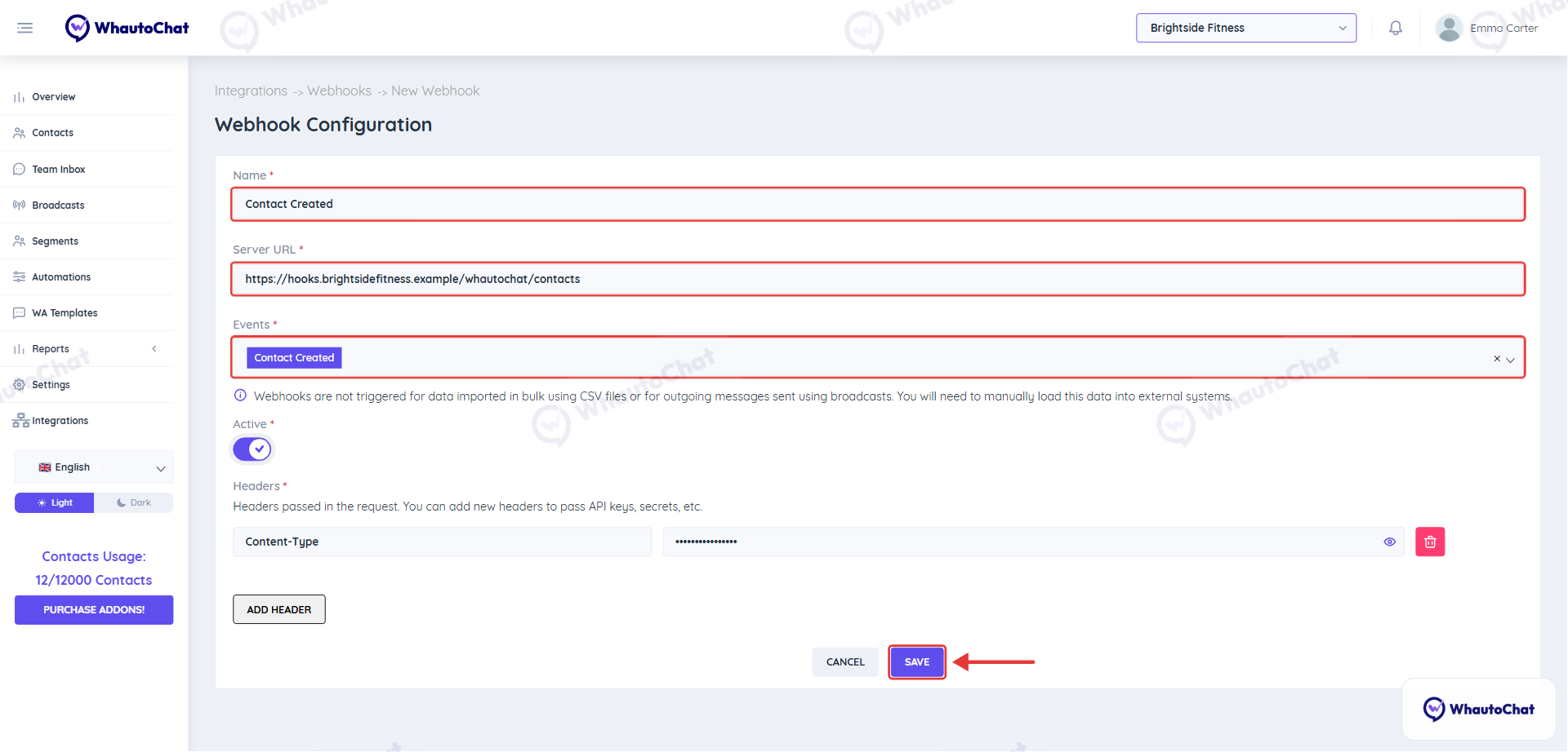 Webhook Configuration with the name, server URL, events and Save button