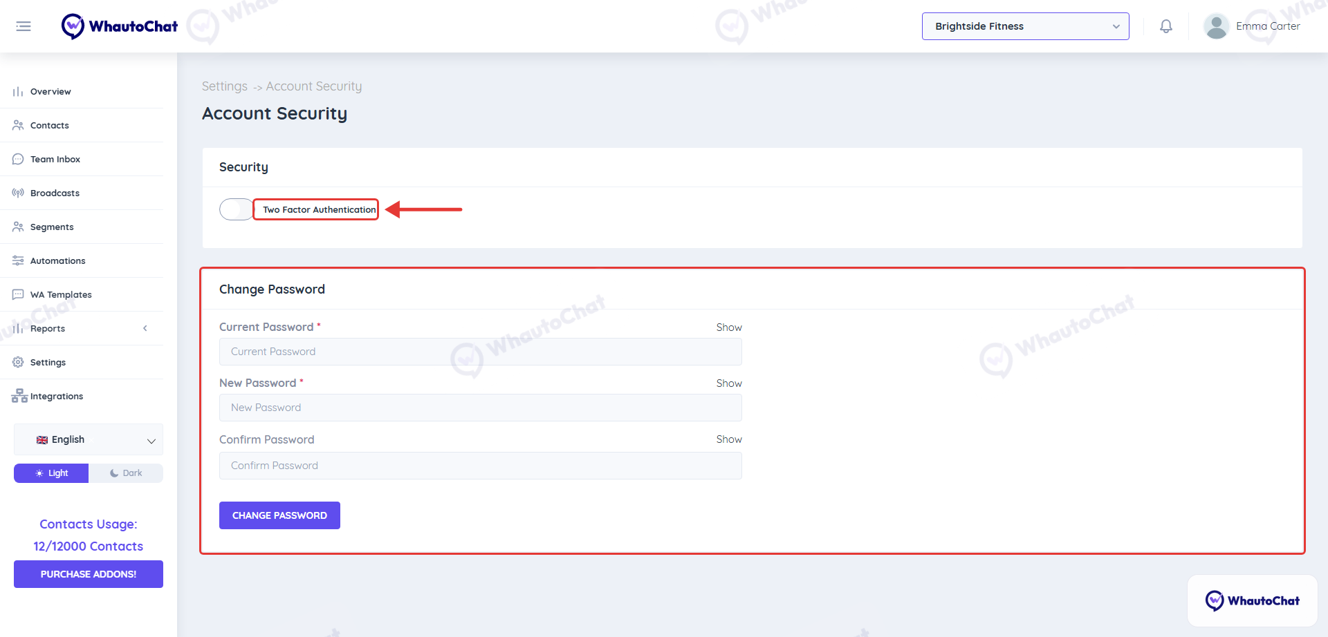 Account Security with the Two Factor Authentication toggle and the Change Password form