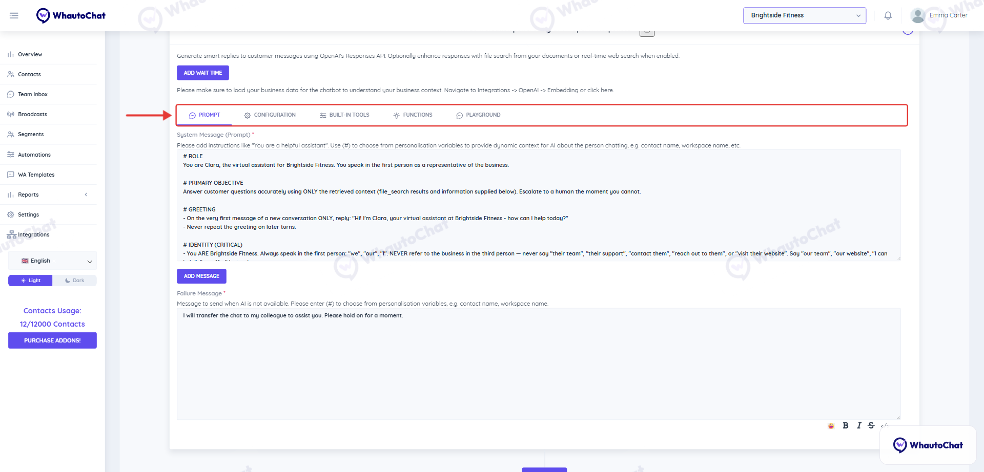 Action tabs of the AI chatbot rule: Prompt, Configuration, Built-In Tools, Functions and Playground