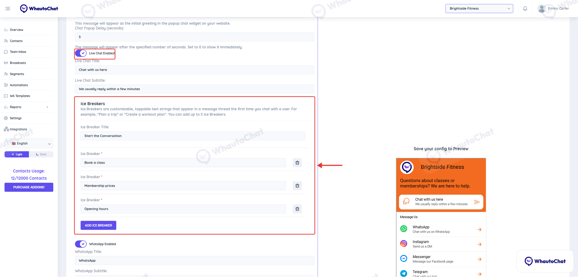 Live Chat Enabled toggle and the Ice Breakers section