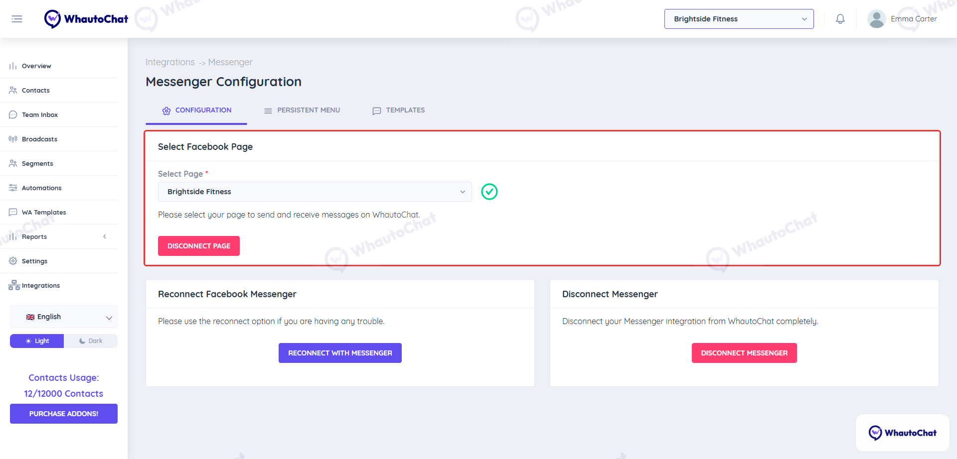 Messenger Configuration page with the connected Facebook page