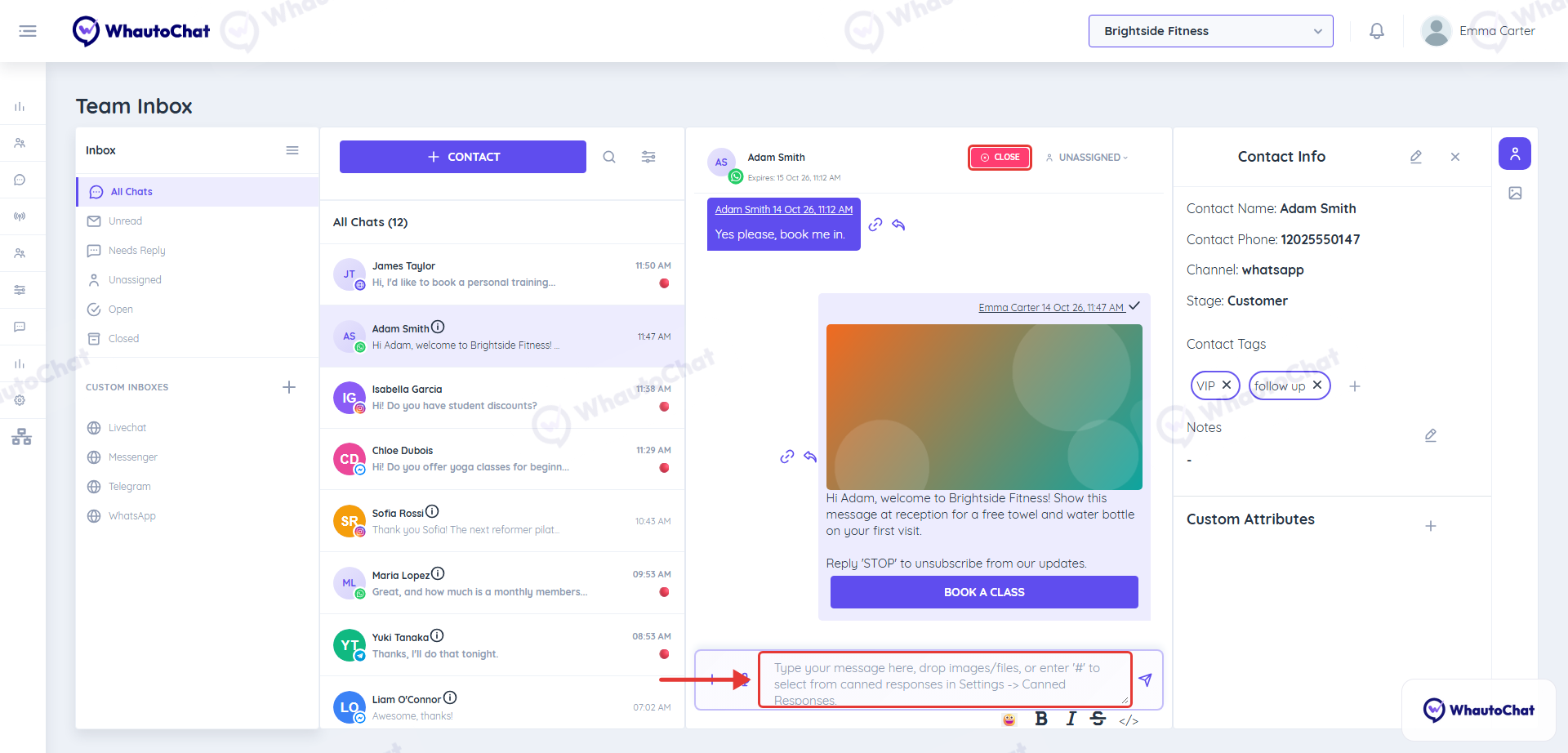 Conversation open in the Team Inbox with the message box and Close button highlighted