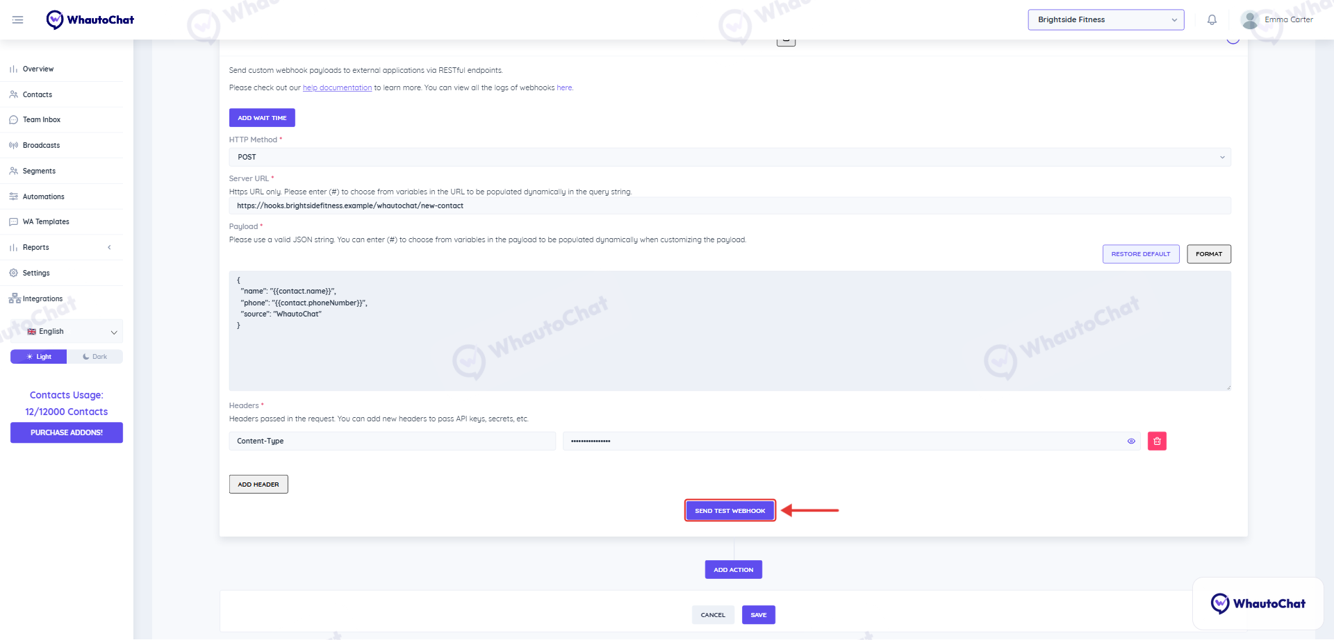 Send Webhook action with the HTTP method, server URL, JSON payload and headers