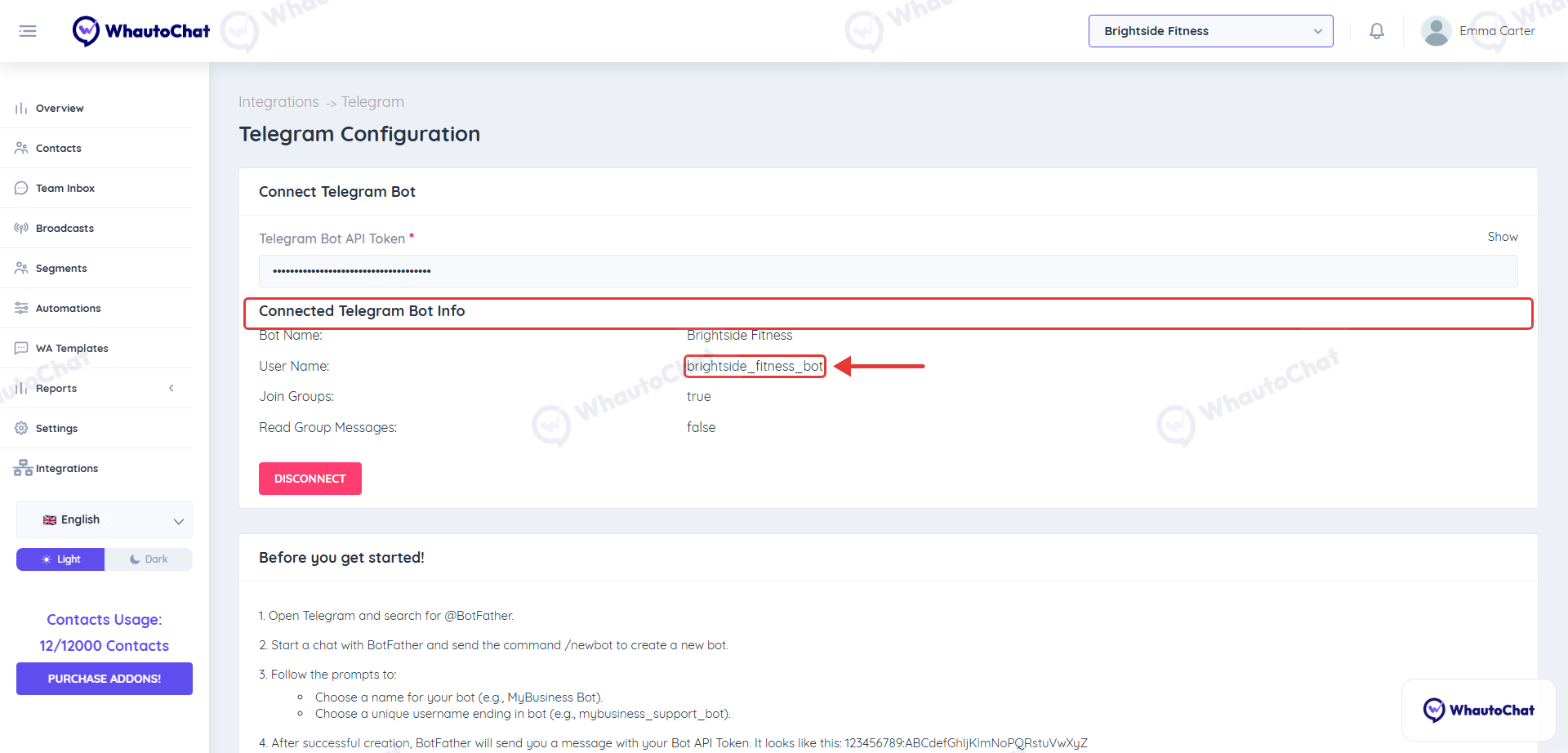 Connected Telegram Bot Info with the bot name and username