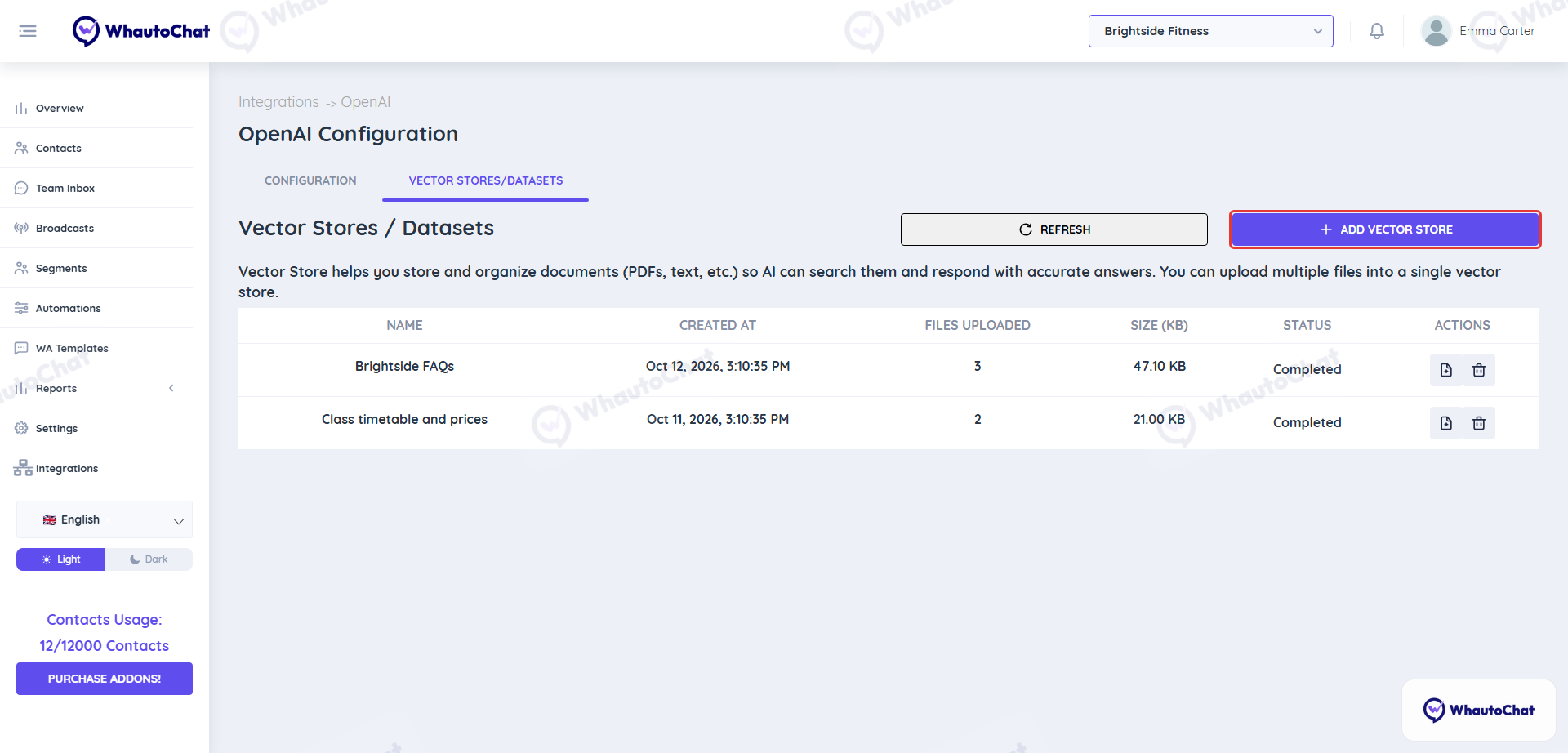 Vector Stores / Datasets tab with two vector stores and the Add Vector Store button