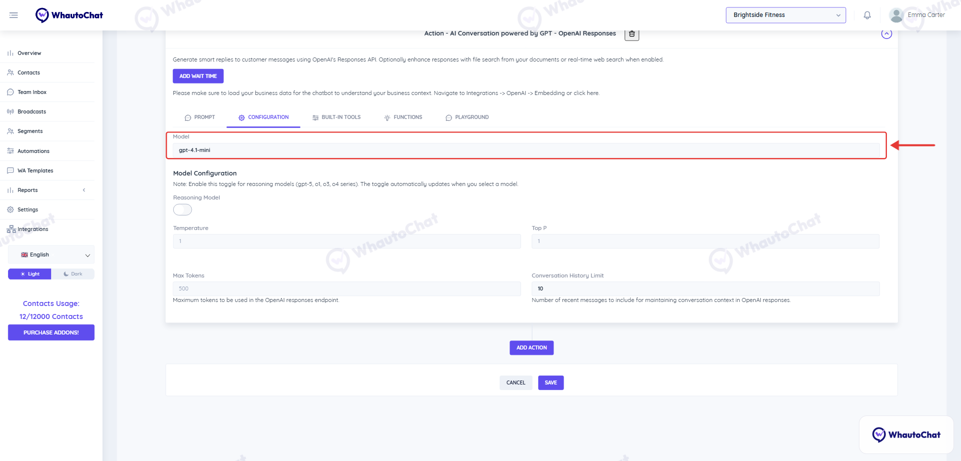 Configuration tab with the OpenAI model and model settings