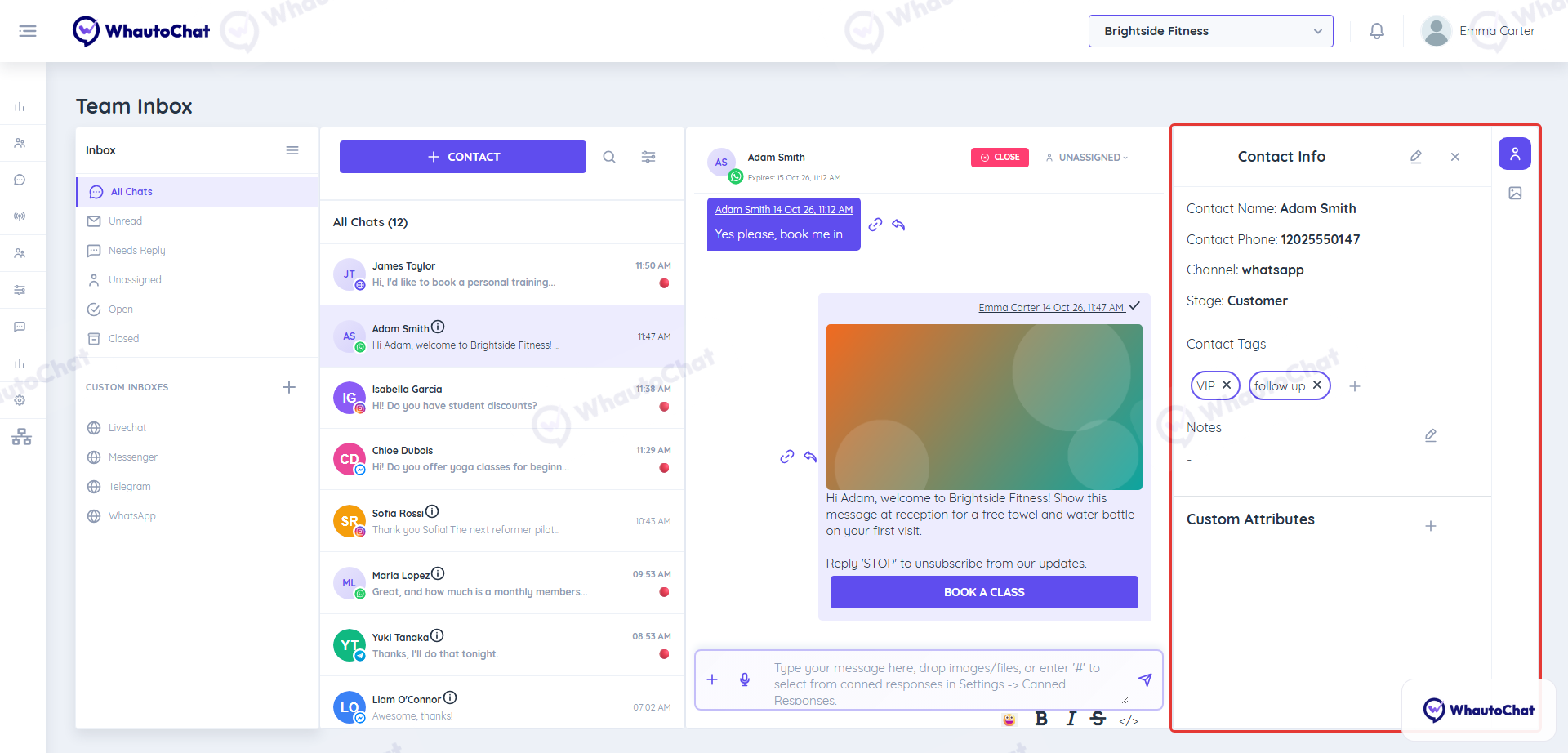 Contact Info panel with tags, notes and custom attributes