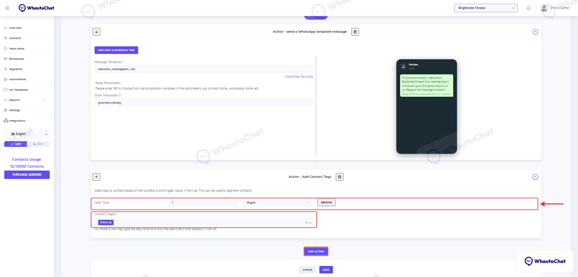 Day 1 actions: a WhatsApp template message, then Add Contact Tags after a 1 day wait