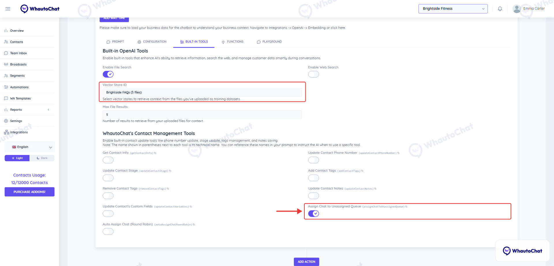 Built-In Tools tab with the vector store and Assign Chat to Unassigned Queue