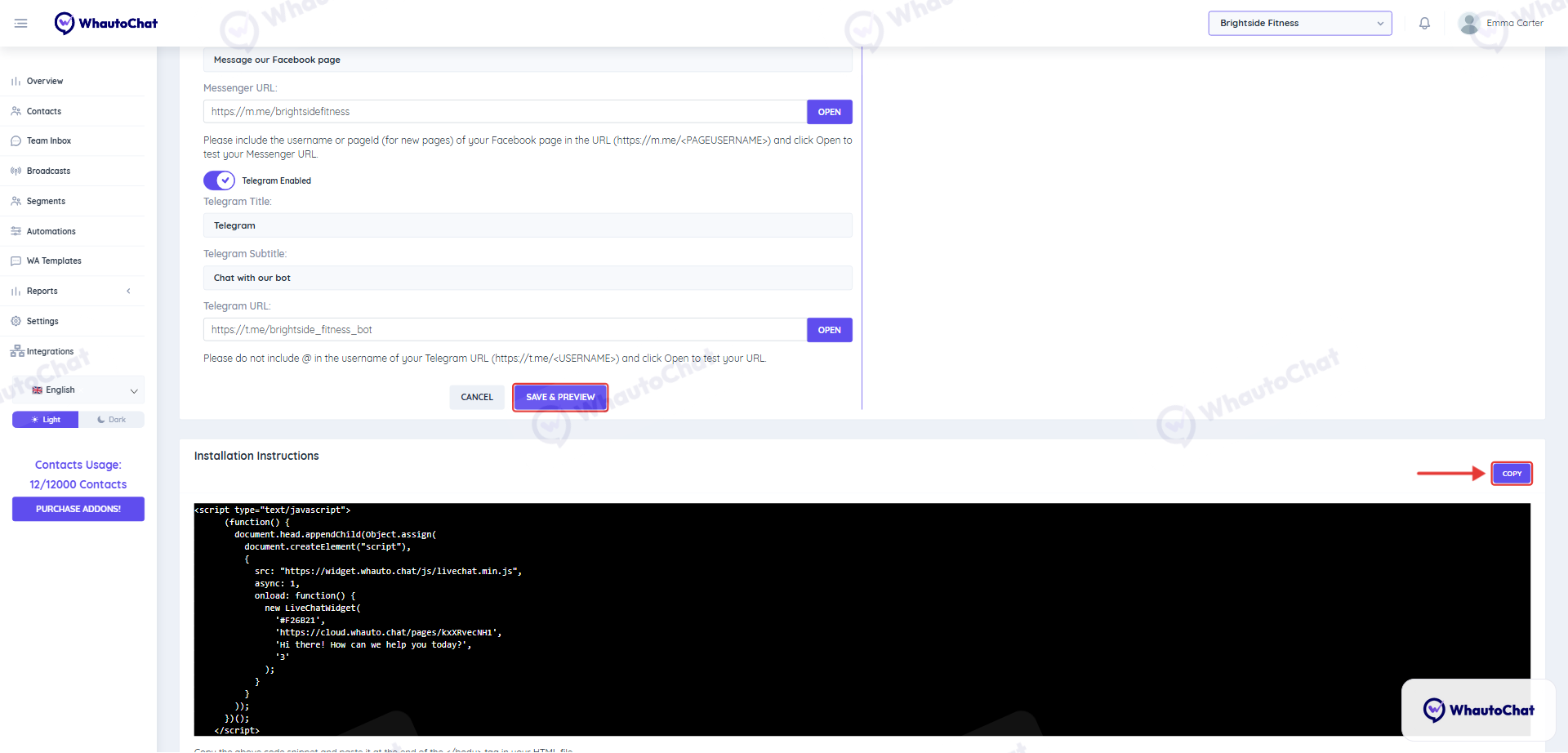 Save & Preview button and the installation code snippet with the Copy button