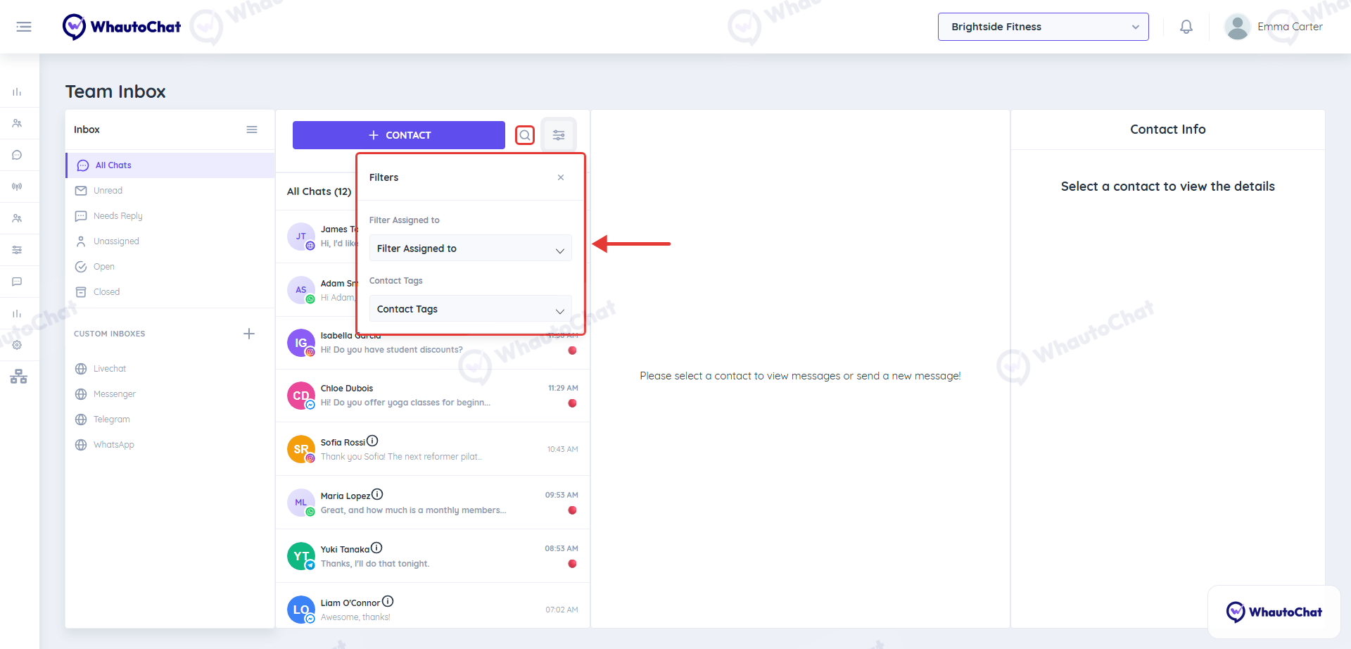 Search icon and the Filters panel in the Team Inbox