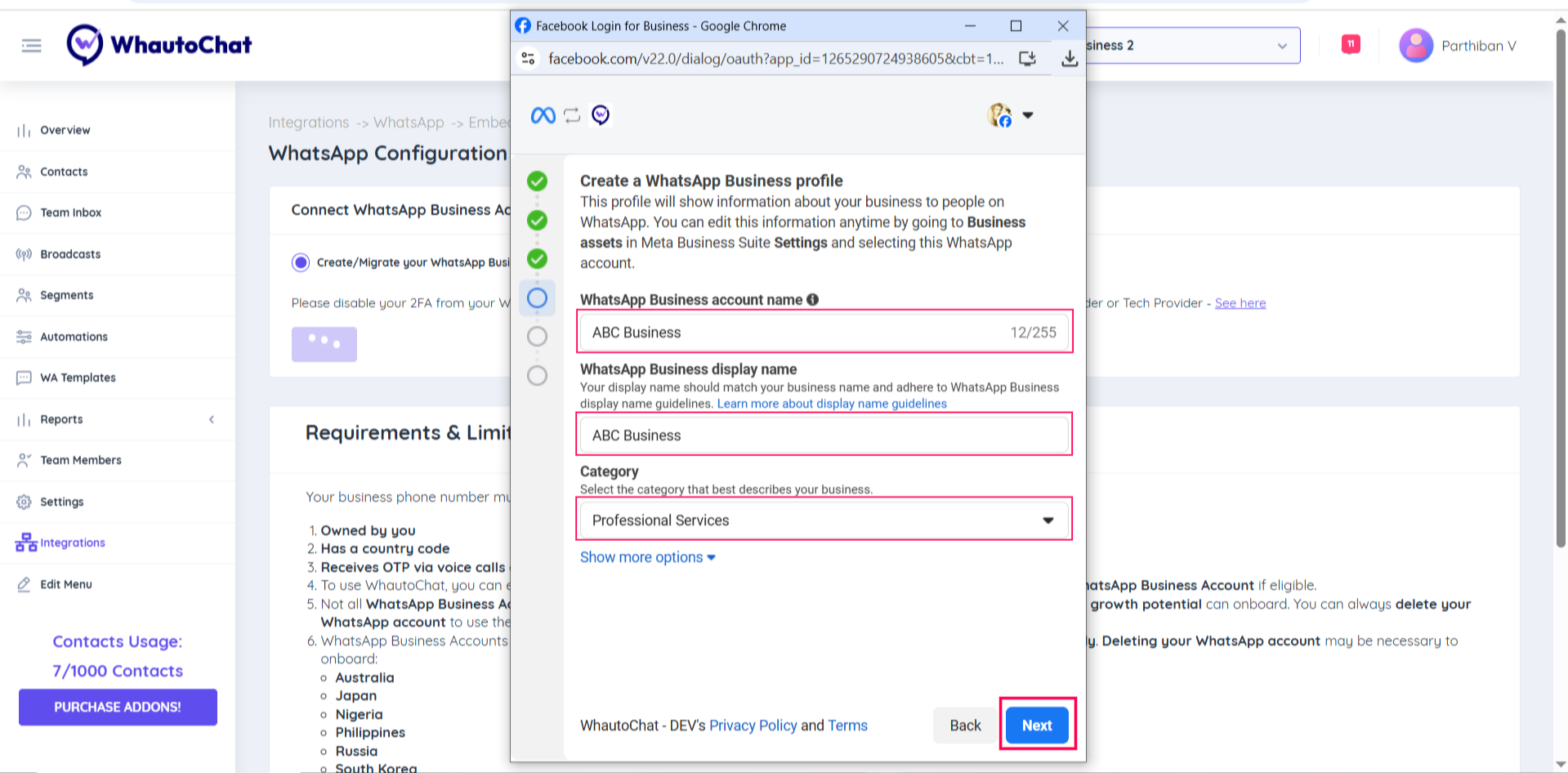 Create WhatsApp Business Profile