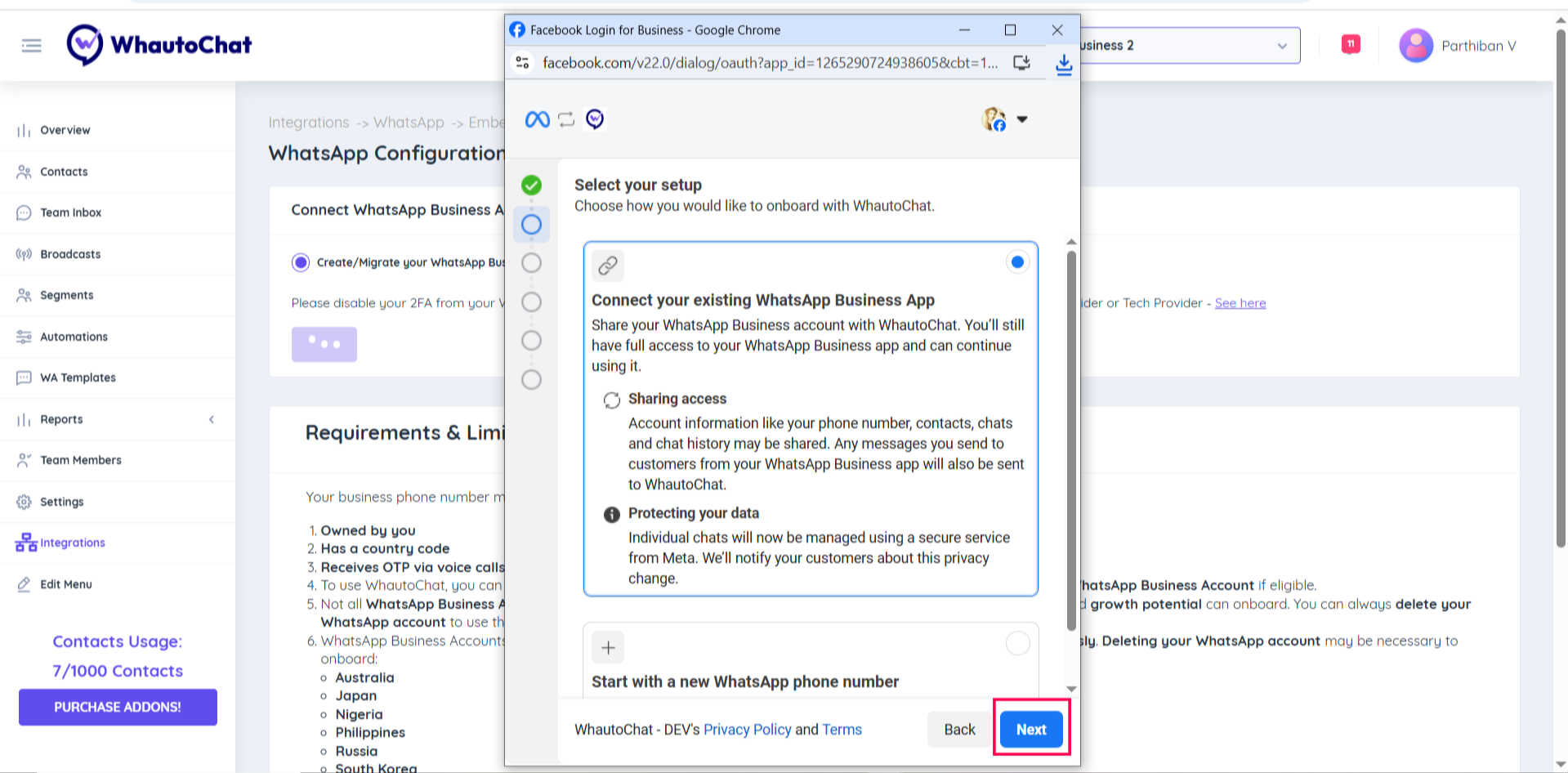 Existing WhatsApp Business App